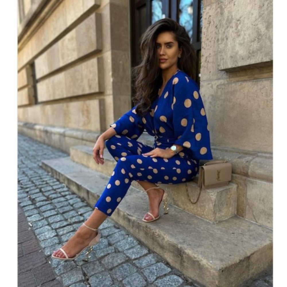 BLOGGER'S FAVE! Zara 2 Piece Pants Set And Top Blue White Polka Dot NWT - Picture 8 of 17